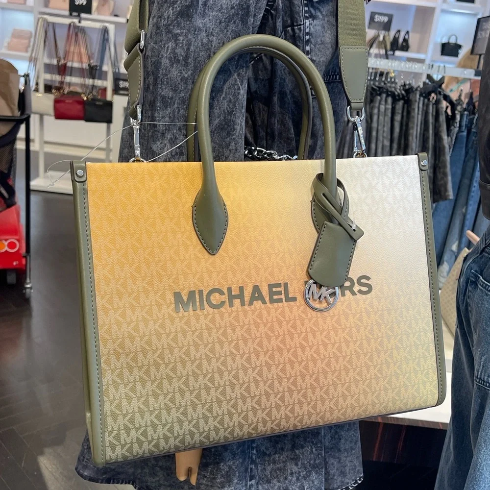MICHAEL KORS Mirella Medium Ombré Signature Logo Tote Bag Olive Combo  NWT